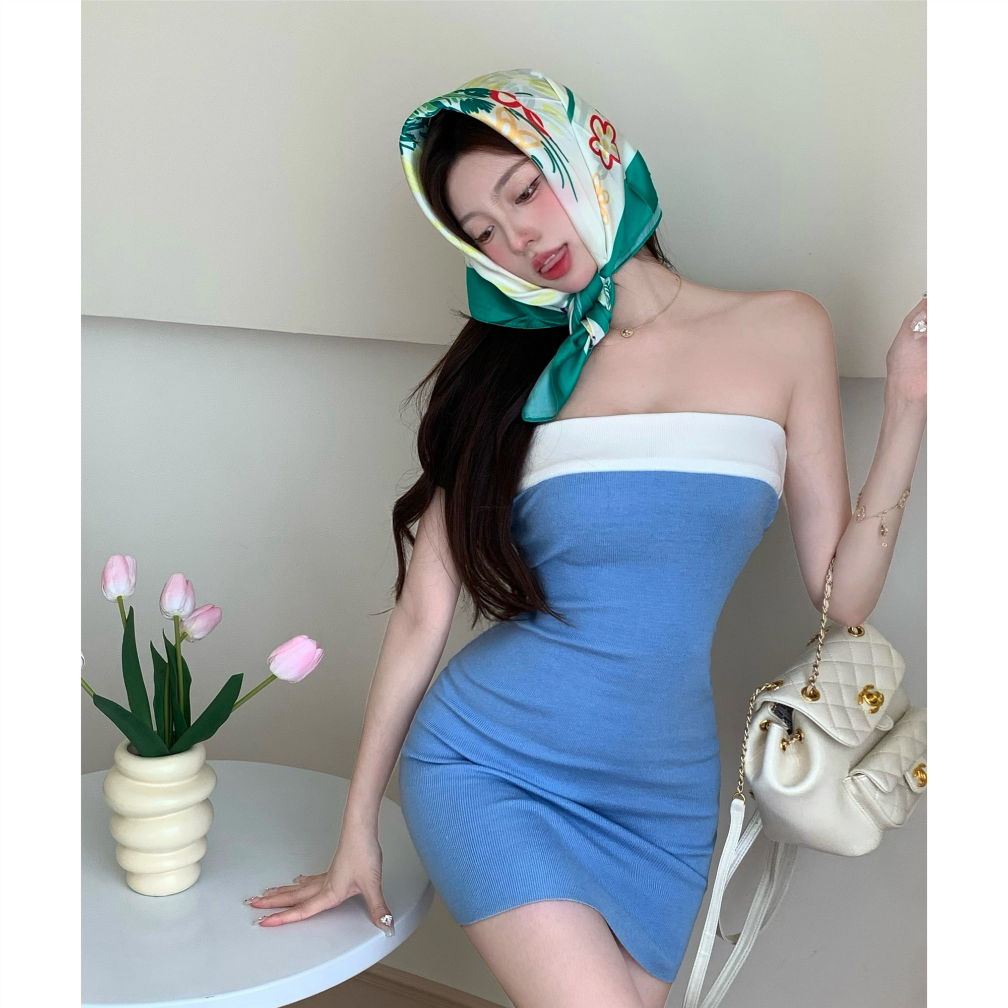 Real shot~ Spring and summer new design niche one-shoulder knitted dress with female temperament ins style strapless skirt