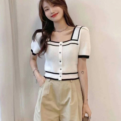 方領高腰冰絲針織衫短袖修身女夏季辣妹法式小眾別致白色短款上衣