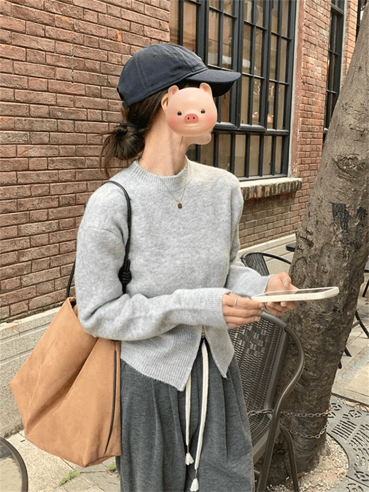 設計感下擺開叉拉鏈灰色針織衫女春季韓系穿搭高質量圓領長袖上衣