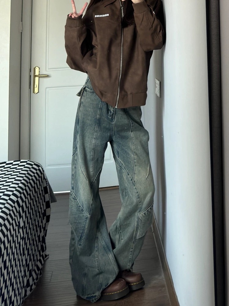 Retro wash spliced ​​wide-leg denim work pants for women in spring new high street loose slim straight floor mopping pants