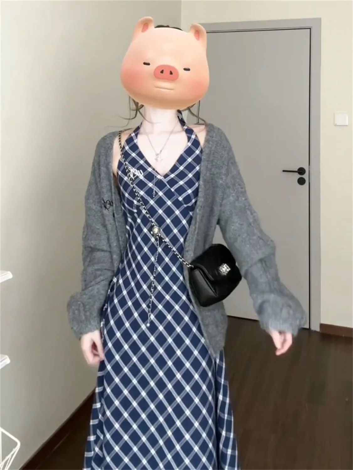套裝_單件韓版慵懶風復古針織披肩開衫毛衣女格紋掛脖吊帶連衣裙