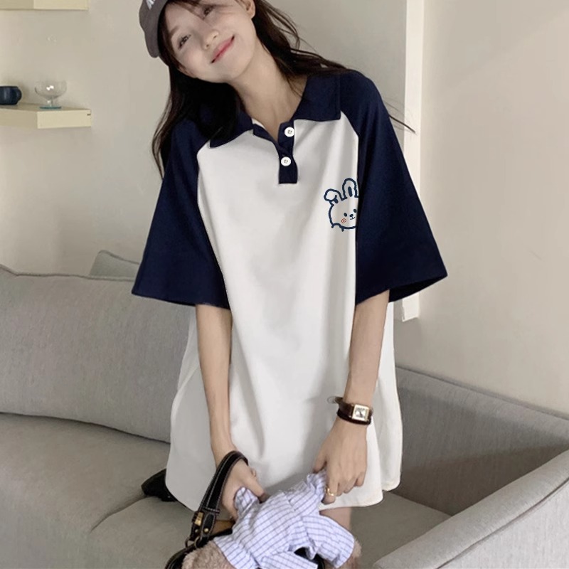 High-quality pure cotton 200g 21 combed tight printed POLO shirt loose color block lapel short-sleeved shirt for women