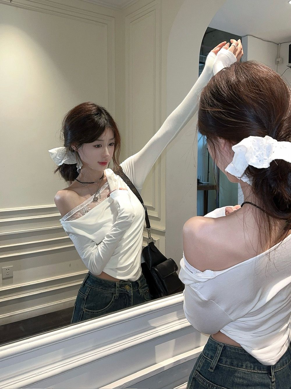 260g cotton + lace Pure style spliced ​​off-shoulder long sleeves slim fit and slim inner paired with short off-shoulder top