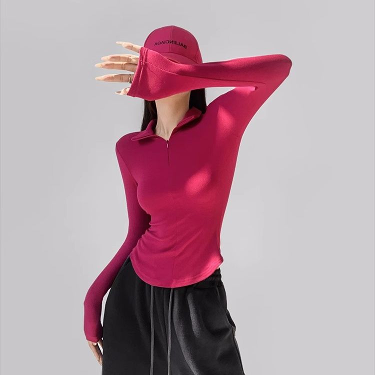 High-quality 260 threaded cotton, elastic tight sexy lapel, long-sleeved hot girl waist-hugging and spring and autumn base shirt