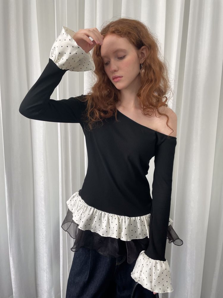 Men's cotton 260g black spliced ​​mesh polka dots slanted shoulder knitted base shirt for women