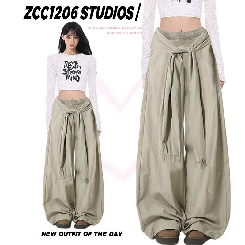 Klein blue casual pants for women in autumn and winter national trend brand retro solid color strap design draped wide-leg pants