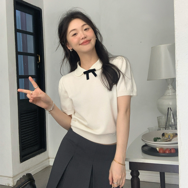 休閒甜美娃娃領蝴蝶結短袖針織衫夏季新款韓版女裝短款氣質上衣潮