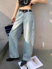 Light blue high waist wide-leg jeans for women in spring European goods retro washing loose slim casual sci-cut sci-cut sci-cut trousers