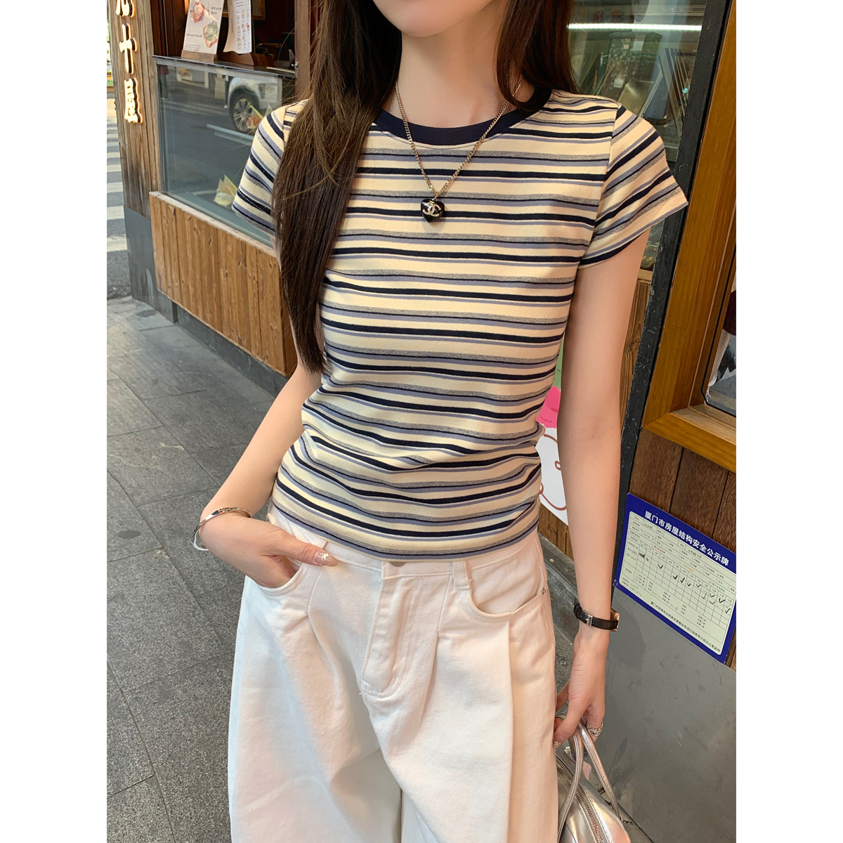 Real shot of summer Korean version round neck retro contrasting striped temperament versatile pure cotton short-sleeved T-shirt top for women