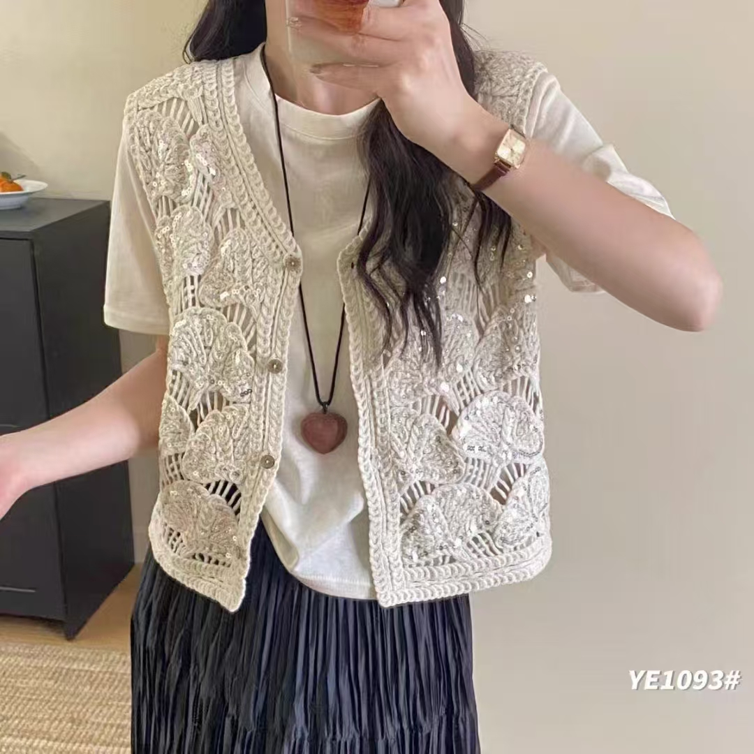 Women's Sleeveless Shoulder Shawl Cardigan with French Heavy Work Embroidered Lace and Glitter Knit Outerwear for Summer 2025