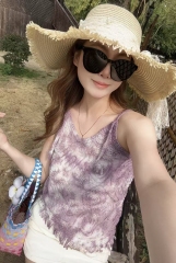 2025鈎花扎染吊帶背心夏外穿外搭小背心短款性感寬鬆鏤空夏遮肚子