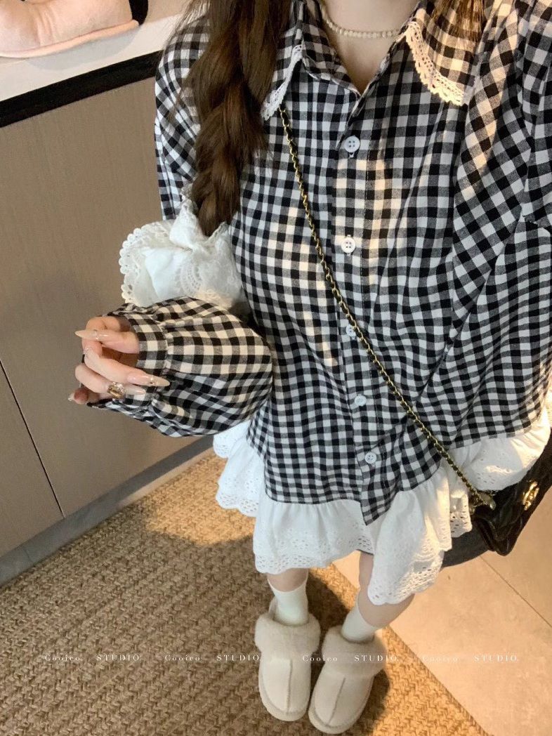 Specular lace splicing plaid shirt for women's spring sweet loose large size age-reducing shirt top