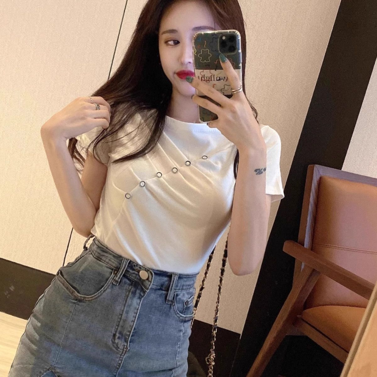 95 cotton 5 spandex versatile fashionable button design pleated short-sleeved T-shirt for women