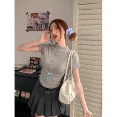 Modal 260g hot brick hot girl suit design bow half turtle neck T-shirt women's summer new top