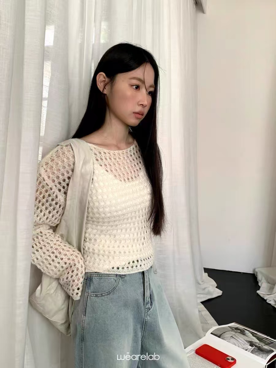Women's Long Sleeve Hollow Knit Top - Spring and Autumn 2025 New Arrival, Thin Casual Cover-up Shirt with a Sense of Elegance