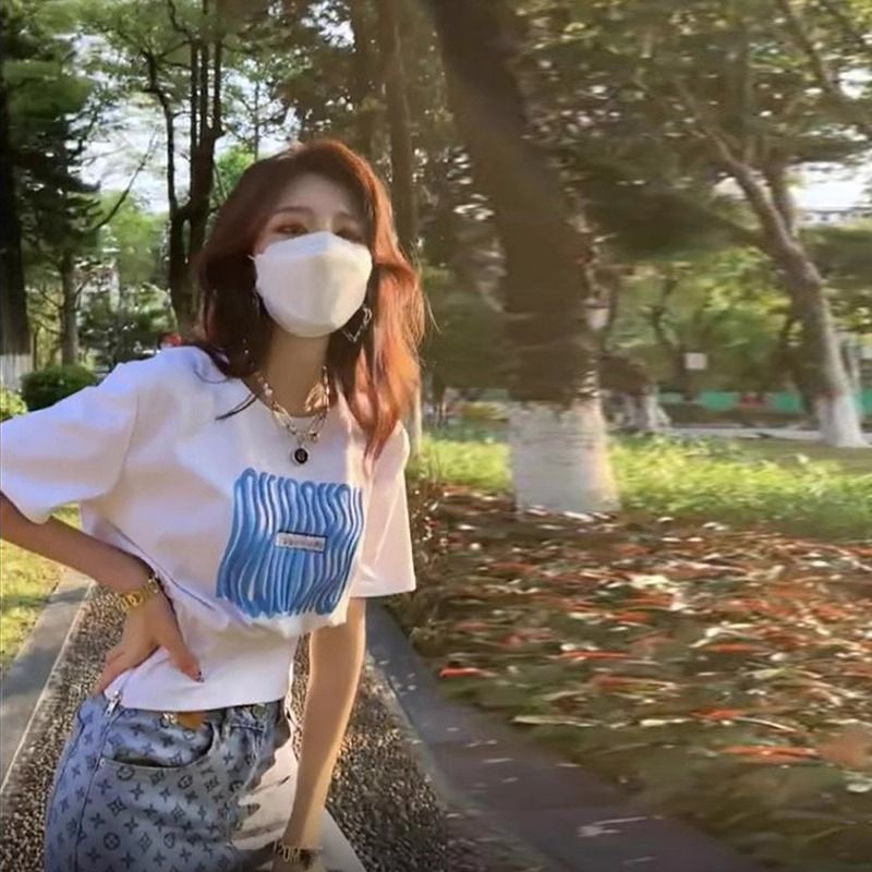 92 cotton/8 spandex 40 210g pure cotton printed waist zipper short-sleeved T-shirt for women