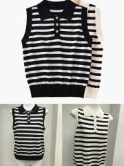 翻領設計 100%棉 條紋毛衣背心女士翻領針織馬甲 針織衫無袖 薄款