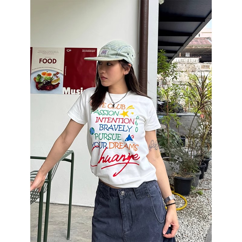 220g 40 Odale with elastic 92 cotton 8 spandex letter printing for front shoulder round neck short sleeve T-shirt for women