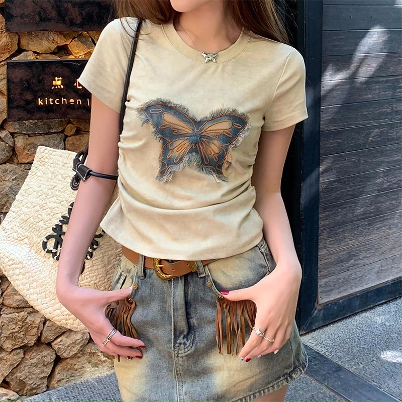 Tie-dyed bow straight shoulder short-sleeved T-shirt for women in summer summer design niche waist slimming body shirt short top