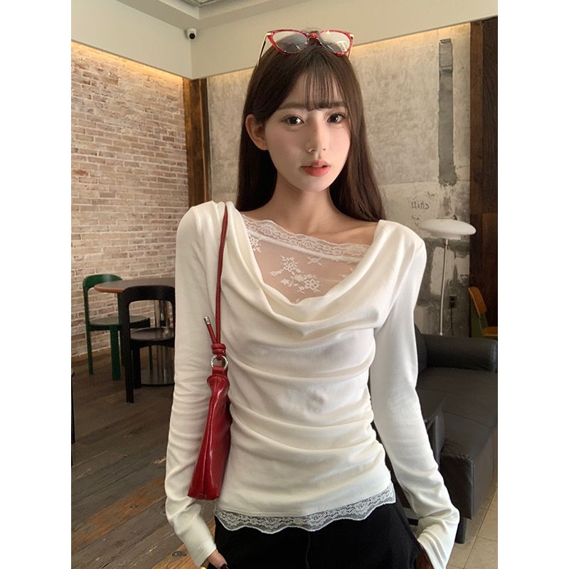 260g white lace lace long-sleeved T-shirt spring design pure slanted shoulder inner bottom shirt top