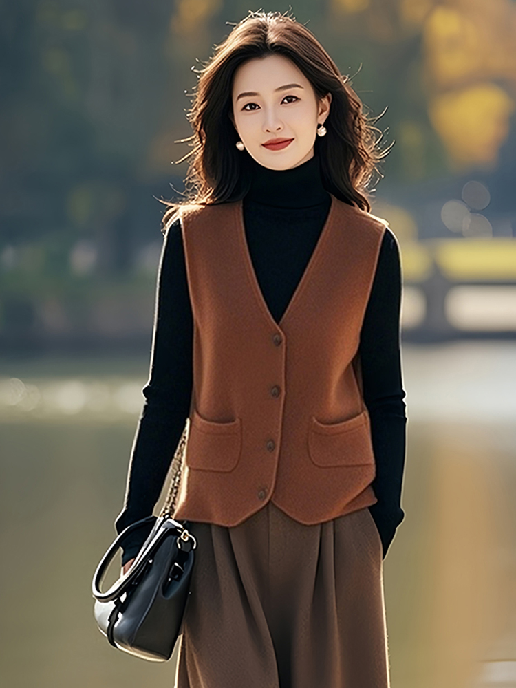 Brown V-neck exterior with layered vest knitted vest for women 2025 new spring outfit unique super beautiful top