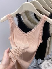 法式別致甜辣妹v領小吊帶背心女夏百搭性感冰絲針織花邊無袖上衣