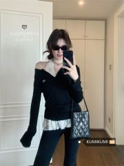 260g men's cotton + lace white lace halter neck vest design layered off-shoulder black top two-piece set