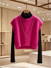 歐洲站高檔新款設計感小眾時尚氣質春裝多巴胺玫粉色馬甲毛衣背心