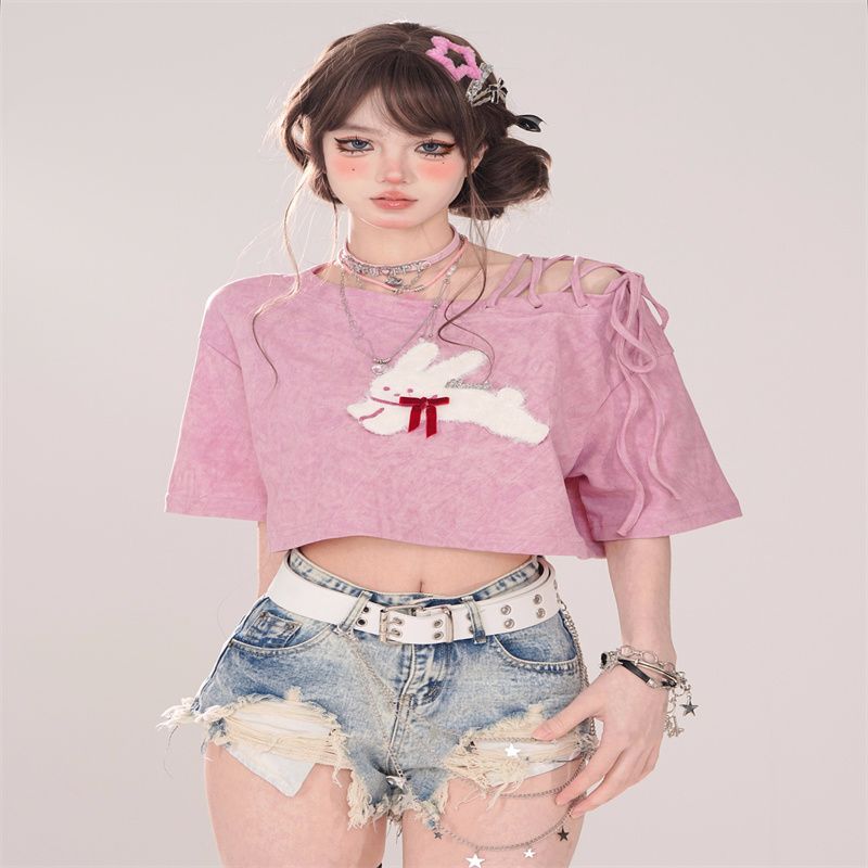 美式刺繡卡通短袖t恤女夏季設計感寬鬆短款半袖y2k甜辣穿搭小上衣