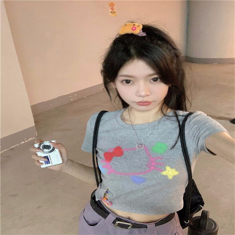 Gray cartoon doodle printed short-sleeved T-shirt for women in spring hot girl dopamine wear tight short shoulder top