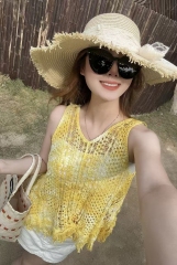 扎染鏤空鈎花針織馬甲背心女夏季2025年新款韓版寬鬆外搭罩衫無袖