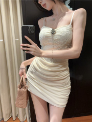 實拍~蕾絲拼接吊帶連衣裙夏季魚骨收腰短款修身純欲包臀裙子