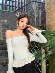 Real shot~Ruffled contrasting color polka dot long-sleeved T-shirt for women's new hot girl's oblique collar off-shoulder slim and chic top