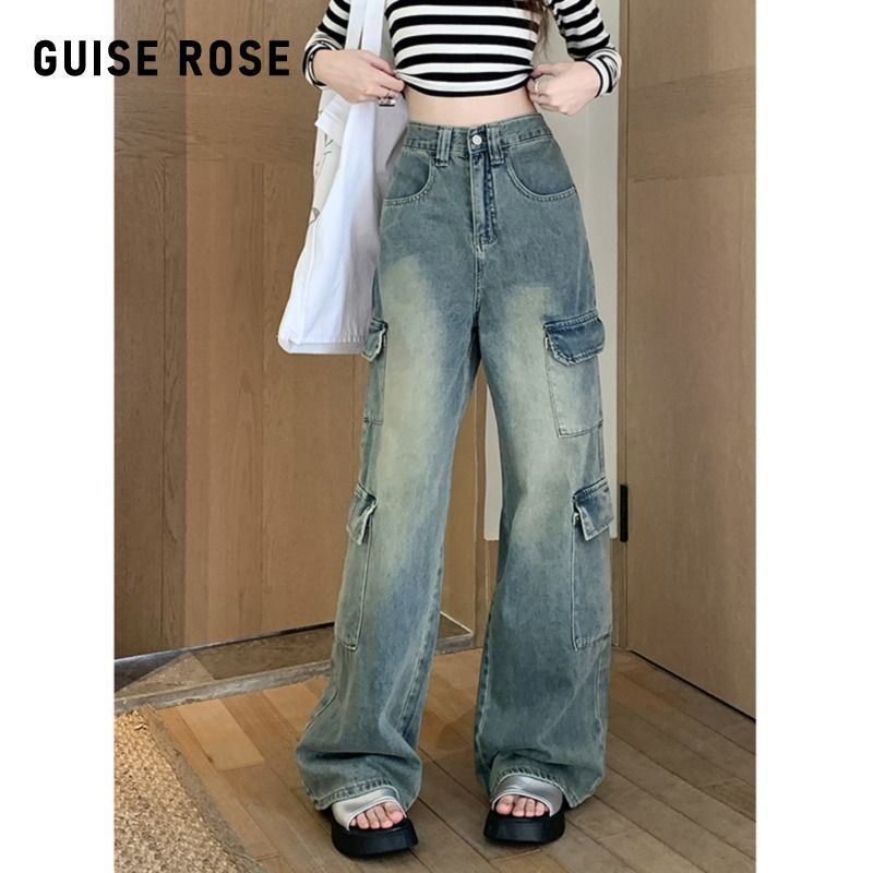 American work jeans for women in spring 2025 new sweet and cool design high waist slimming wide-leg floor trousers trendy