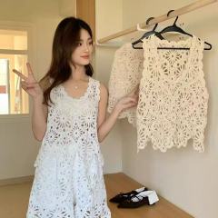 2025套裝鏤空鈎花V領針織上衣高腰蕾絲短褲秋季款森系歐美時尚ins