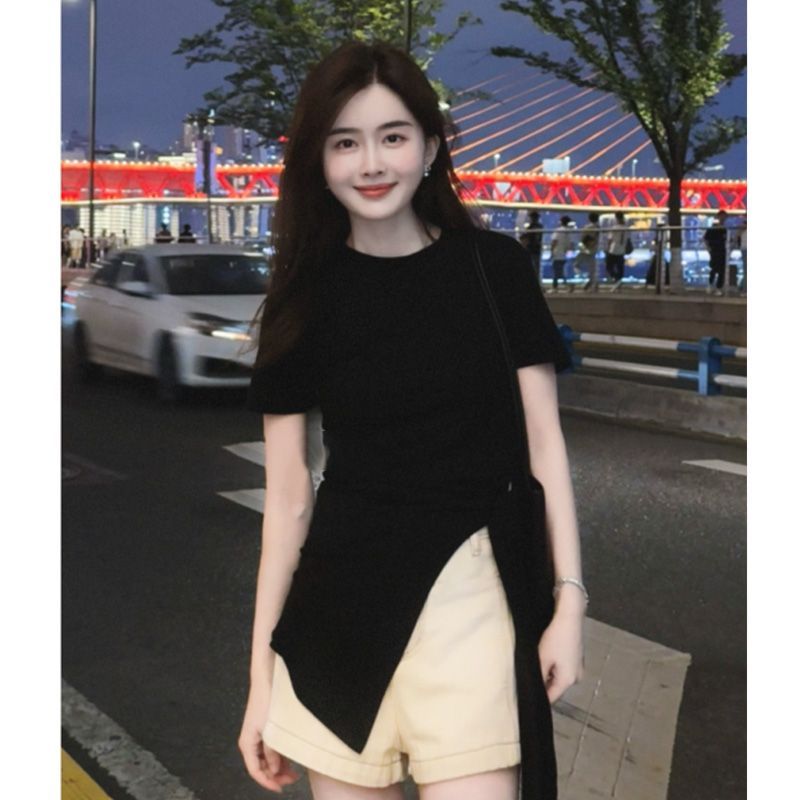 New summer irregular side slit T-shirt 2025 fashionable temperament versatile T-shirt for women slim and slim trendy top