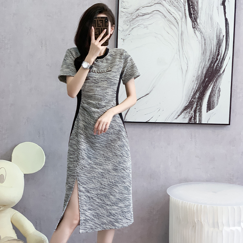 2025 summer splicing dress Xiaoxiang dress nail drill nail chain slim fit slim large size dress
