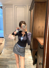 Real shot of fashionable pure and sexy hot girl blue suspender cardigan jacket skirt suit