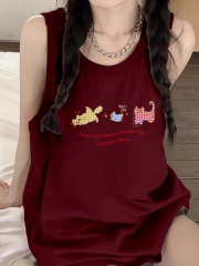 High-quality pure cotton 200g 21 combed tight thread collar method printed loose vest suspender T-shirt for women