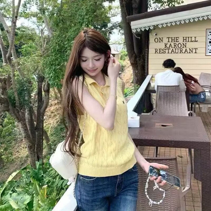 簡約復古麻花黃色針織無袖背心上衣女夏季POLO衫百搭翻領polo背心