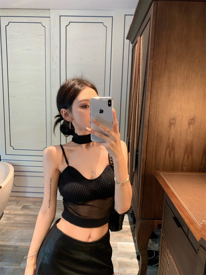 Real shot of design mesh splicing sexy hot girl halter neck suspender vest knit top