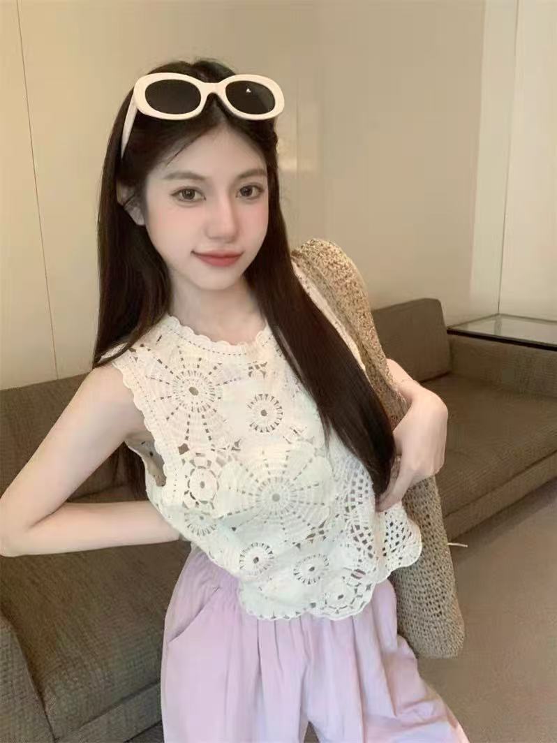 勾花鏤空花朵針織背心女夏季外穿短款小個子甜辣內搭無袖吊帶上衣