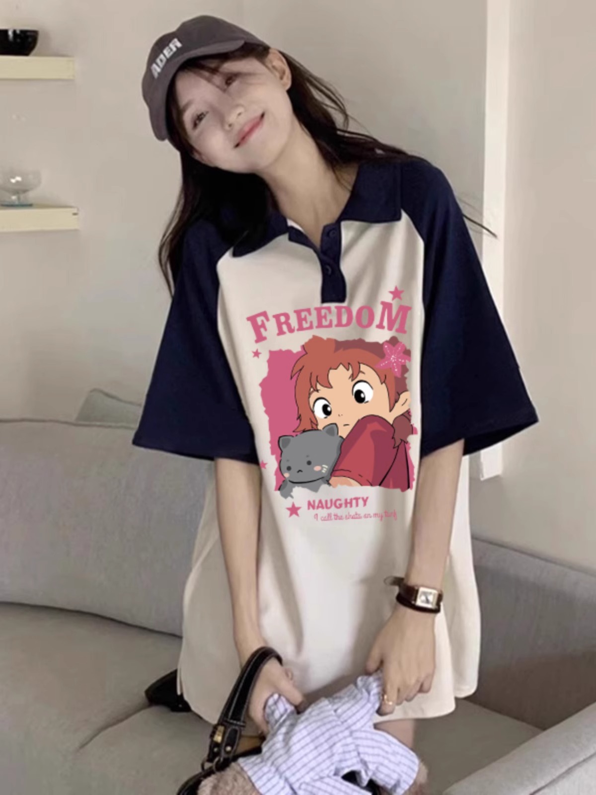 High-quality pure cotton 200g 21 combed tight printed POLO shirt loose color block lapel short-sleeved shirt for women