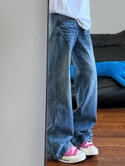 Washed lightning wide-leg jeans for women in spring new style, loose and slim, versatile straight-leg mopping pants