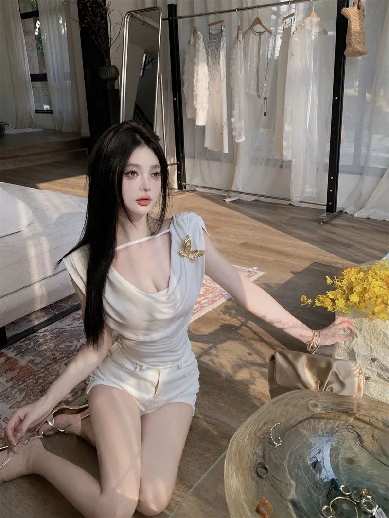230g men's cotton white butterfly swinging collar sleeveless T-shirt French sweet and spicy slim short design backless top