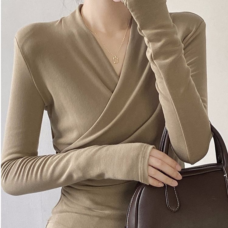 260g 92 cotton 8 spandex, slanted neck long-sleeved T-shirt for women, pure and slim and unique top