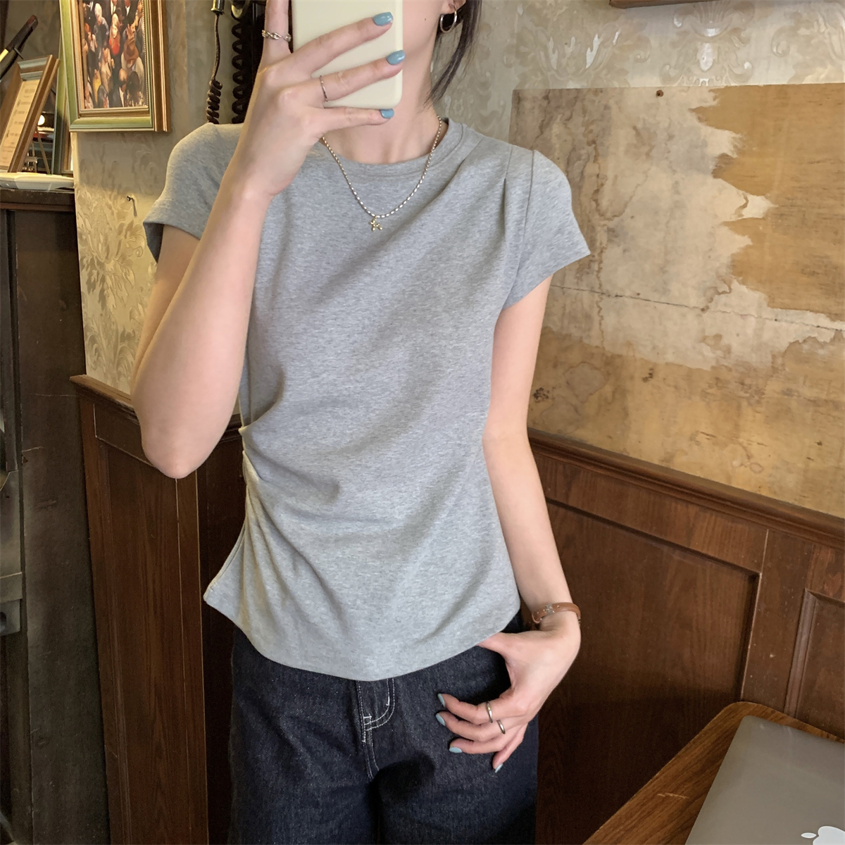 Real shot of summer Korean version of round neck temperament versatile pleated design pure cotton short-sleeved T-shirt top