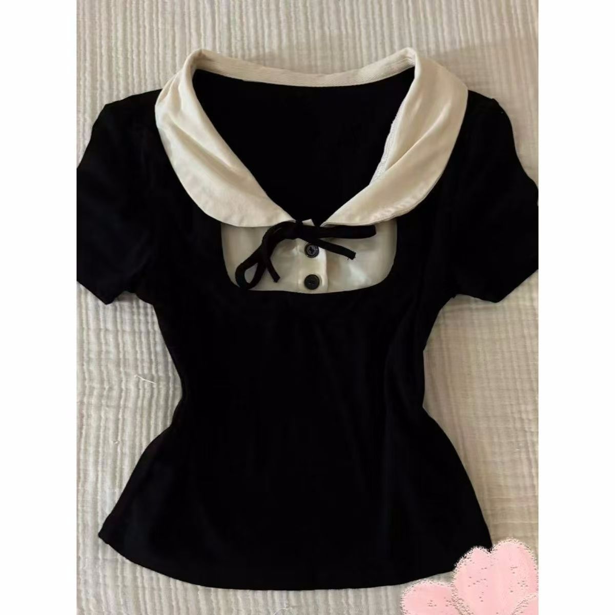 Black fake two-piece slim hot girl T-shirt women's top