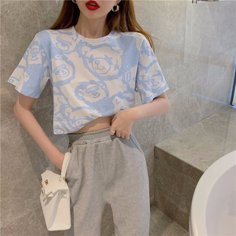6535 cotton new bear print fashionable top loose slim and versatile sweet short-sleeved T-shirt for women