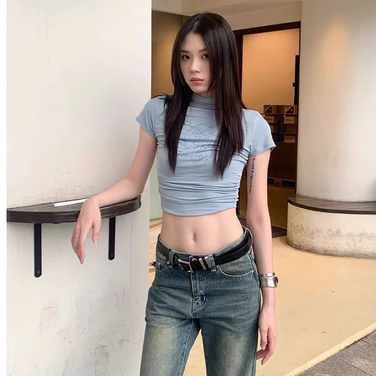 Hot bricks ➕ prints for women with half turtle neck T-shirt for women in summer rhinestone letters hot girl front shoulder short slim blue top trendy